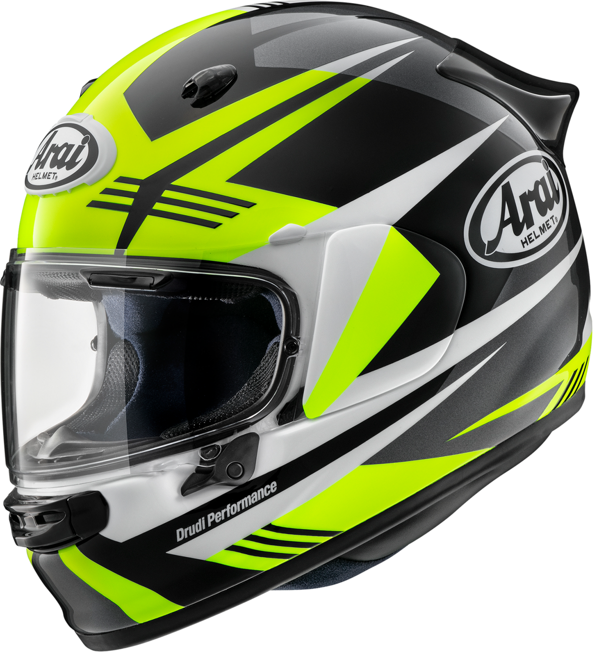 Yellow ARAI Contour-X helmet in 2XL size with black markings, featuring a sleek aerodynamic design for motorcycle riding.