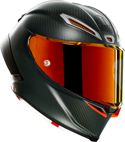 AGV Pista GP RR Electrum helmet in 2XL with carbon fiber shell and advanced ventilation system, shown from the front angle.