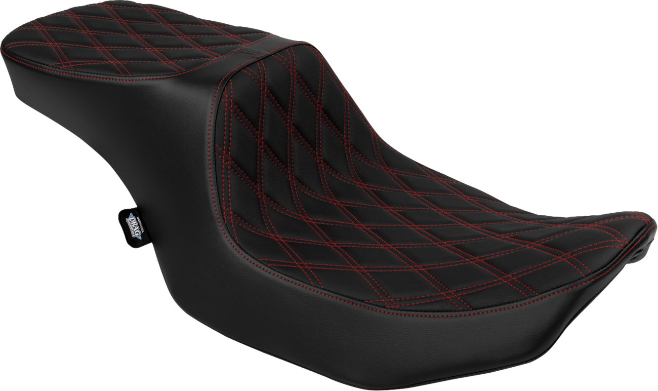 Drag Specialties Predator 2-Up seat with vinyl cover and red diamond stitching for FLT/FLH 2023-2024 motorcycle.