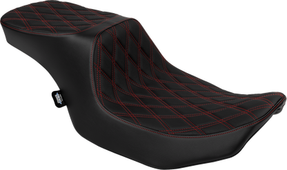 Drag Specialties Predator 2-Up seat with vinyl cover and red diamond stitching for FLT/FLH 2023-2024 motorcycle.