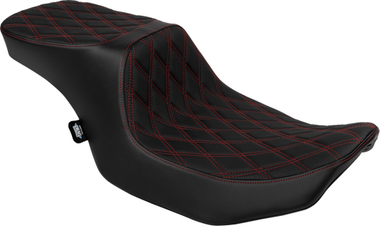 Drag Specialties Predator 2-Up seat with vinyl cover and red diamond stitching for FLT/FLH 2023-2024 motorcycle.