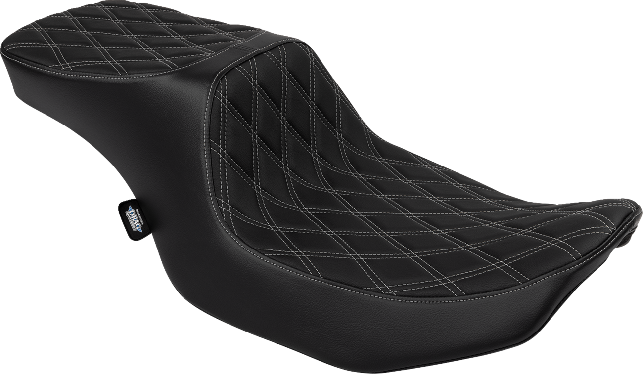 Drag Specialties Predator 2-up motorcycle seat with vinyl cover and silver double diamond stitching for Harley FLTR/FLHX 2023-2024