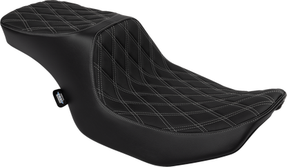 Drag Specialties Predator 2-up motorcycle seat with vinyl cover and silver double diamond stitching for Harley FLTR/FLHX 2023-2024