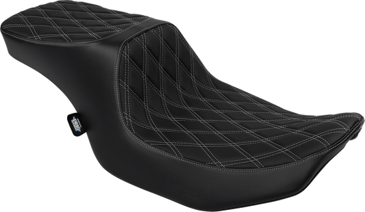 Drag Specialties Predator 2-up motorcycle seat with vinyl cover and silver double diamond stitching for Harley FLTR/FLHX 2023-2024