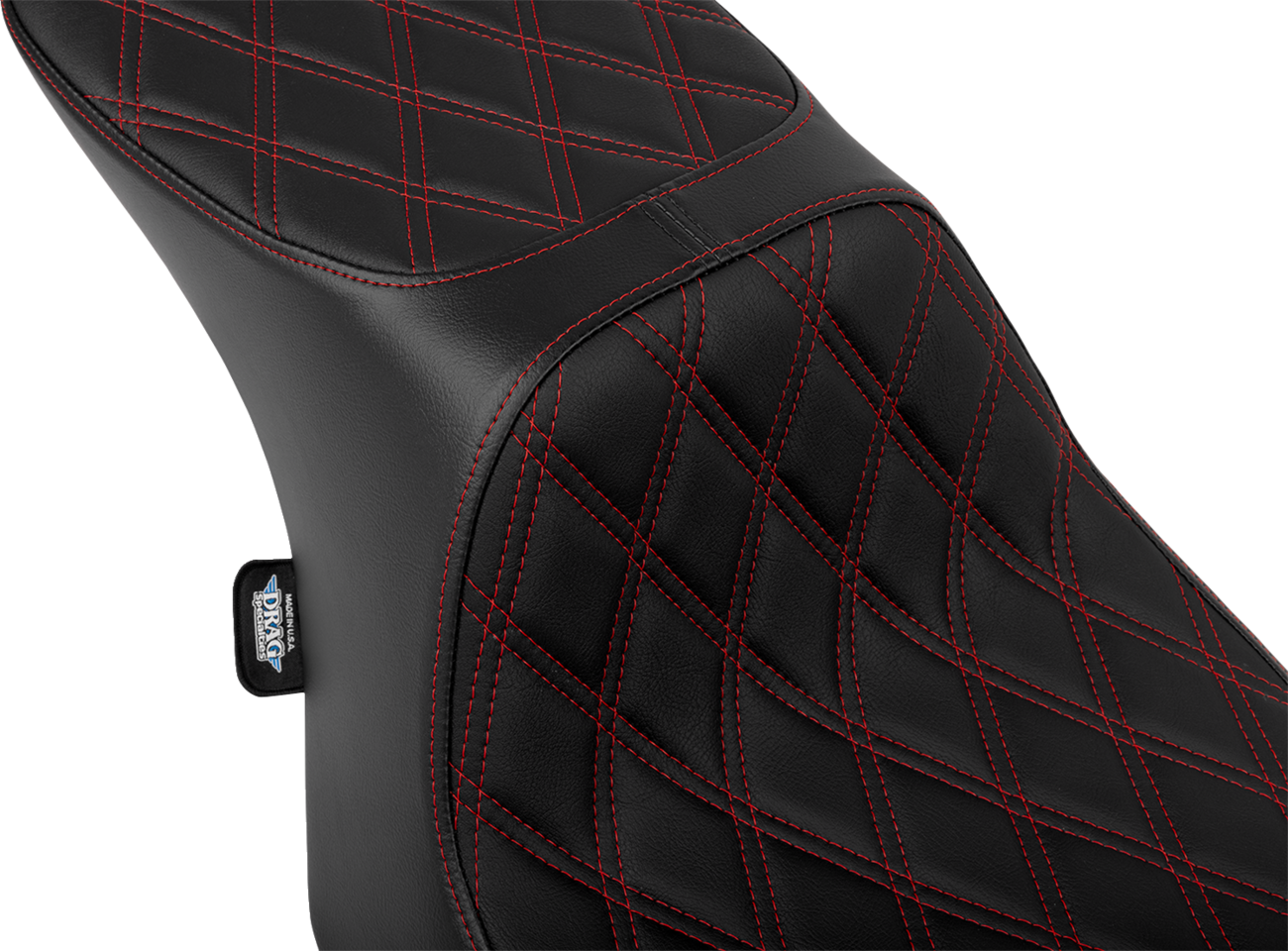 Drag Specialties Predator 2-Up motorcycle seat with vinyl cover and red double diamond stitching for FLT/FLH 2023-2024.