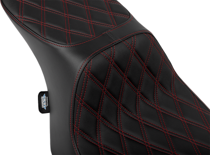 Drag Specialties Predator 2-Up motorcycle seat with vinyl cover and red double diamond stitching for FLT/FLH 2023-2024.