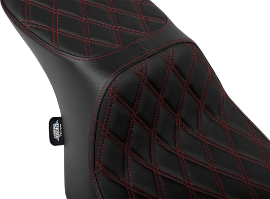 Drag Specialties Predator 2-Up motorcycle seat with vinyl cover and red double diamond stitching for FLT/FLH 2023-2024.