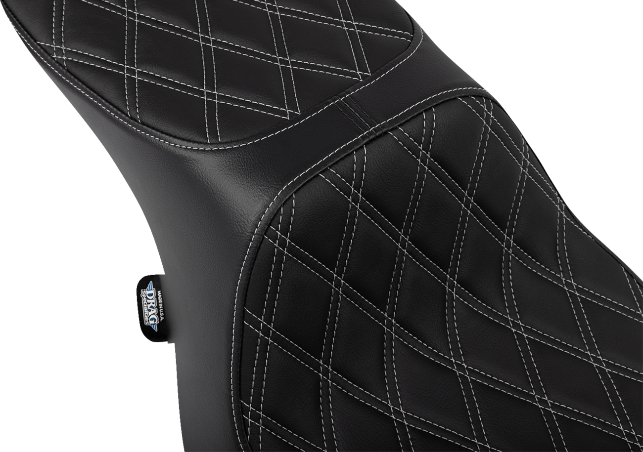 Drag Specialties Predator 2-up motorcycle seat with vinyl cover and silver diamond stitching for Harley FLTR/FLHX 2023-2024.