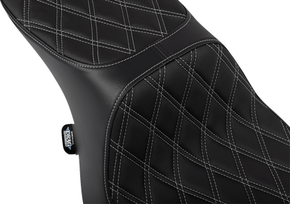 Drag Specialties Predator 2-up motorcycle seat with vinyl cover and silver diamond stitching for Harley FLTR/FLHX 2023-2024.