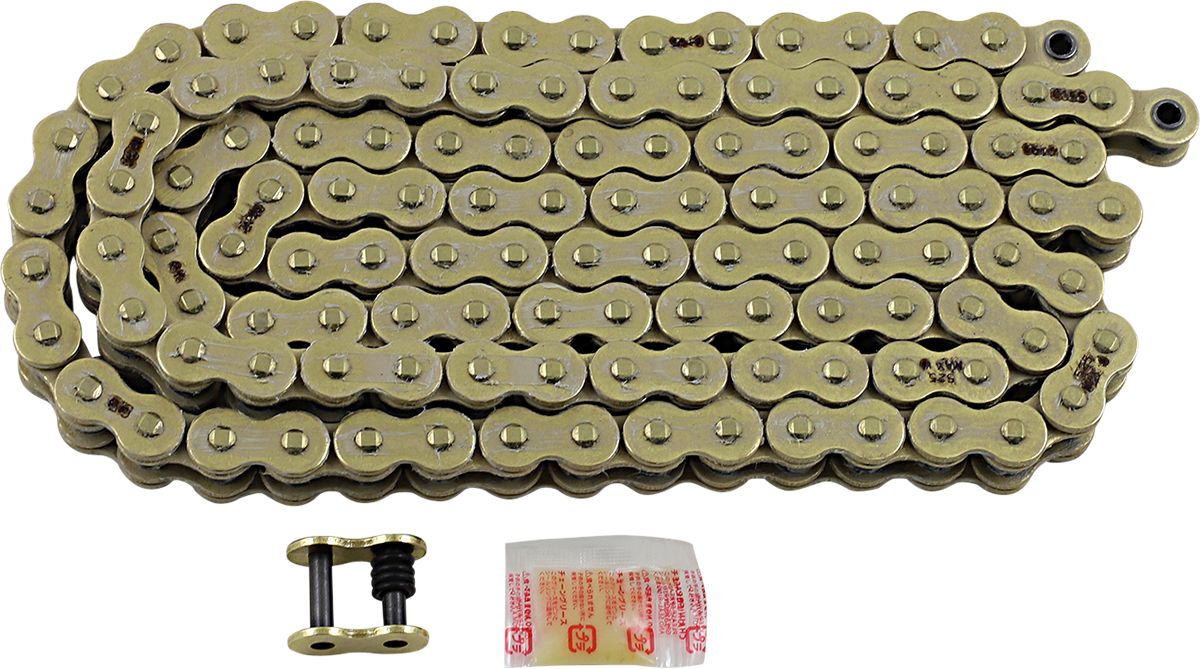 RK 525 Max O Drive Chain in gold, 150 links, high-performance motorcycle chain with durable construction and precision links.