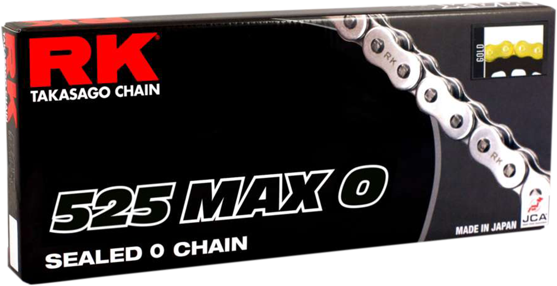 RK 525 Max O Drive Chain in gold, high-performance motorcycle chain with 150 links, displayed with detailed links and branding.