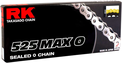 RK 525 Max O Drive Chain in gold, high-performance motorcycle chain with 150 links, displayed with detailed links and branding.