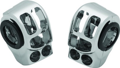 Kuryakyn chrome switch housings for Harley Davidson motorcycles, part 1748, with polished finish and ergonomic design.