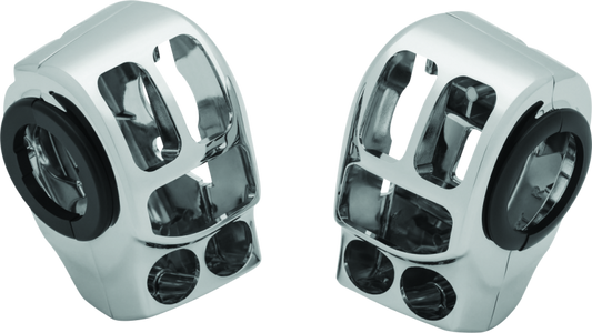 Kuryakyn chrome switch housings for Harley Davidson motorcycles, part 1748, with polished finish and ergonomic design.