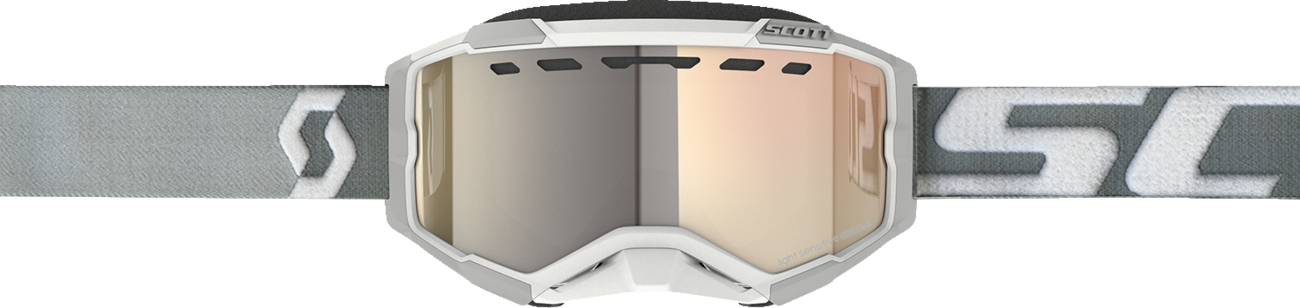 Scott Fury snow goggles with light-sensitive bronze chrome lenses, white and gray frame, designed for snow sports.