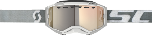 Scott Fury snow goggles with light-sensitive bronze chrome lenses, white and gray frame, designed for snow sports.