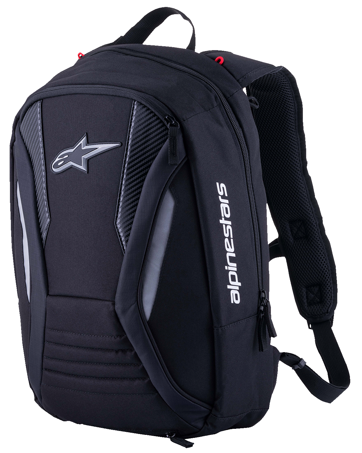 Alpinestars Charger V2 Backpack in black with multiple compartments and adjustable straps, designed for motorcycle gear storage.