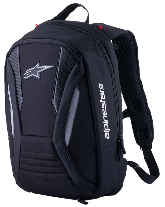Alpinestars Charger V2 Backpack in black with multiple compartments and adjustable straps, designed for motorcycle gear storage.