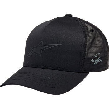 Black ALPINESTARS Advantage Tech Trucker Hat with mesh back and curved brim, featuring the ALPINESTARS logo.