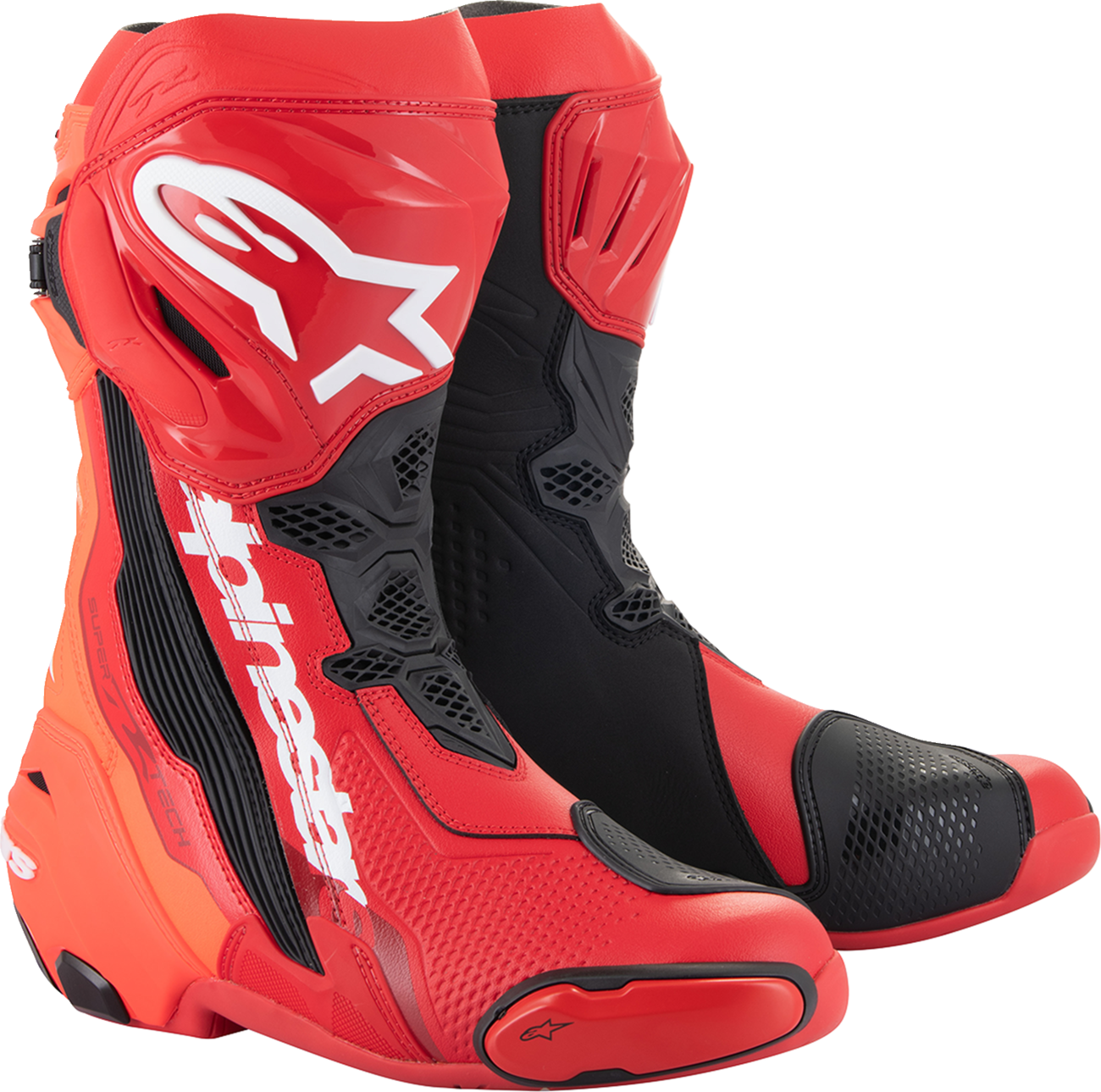 Alpinestars Supertech R motorcycle riding boots in red, US 9.5 / EU 44, showing the high-performance design and protective features.