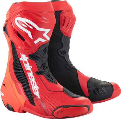 Alpinestars Supertech R motorcycle riding boots in red, US 9.5 / EU 44, showing the high-performance design and protective features.