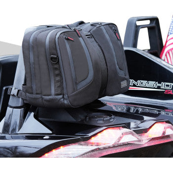 Black SHOW CHROME Zero G Travel Bag by Bill's Exhausts with adjustable straps and compact design for travel convenience.