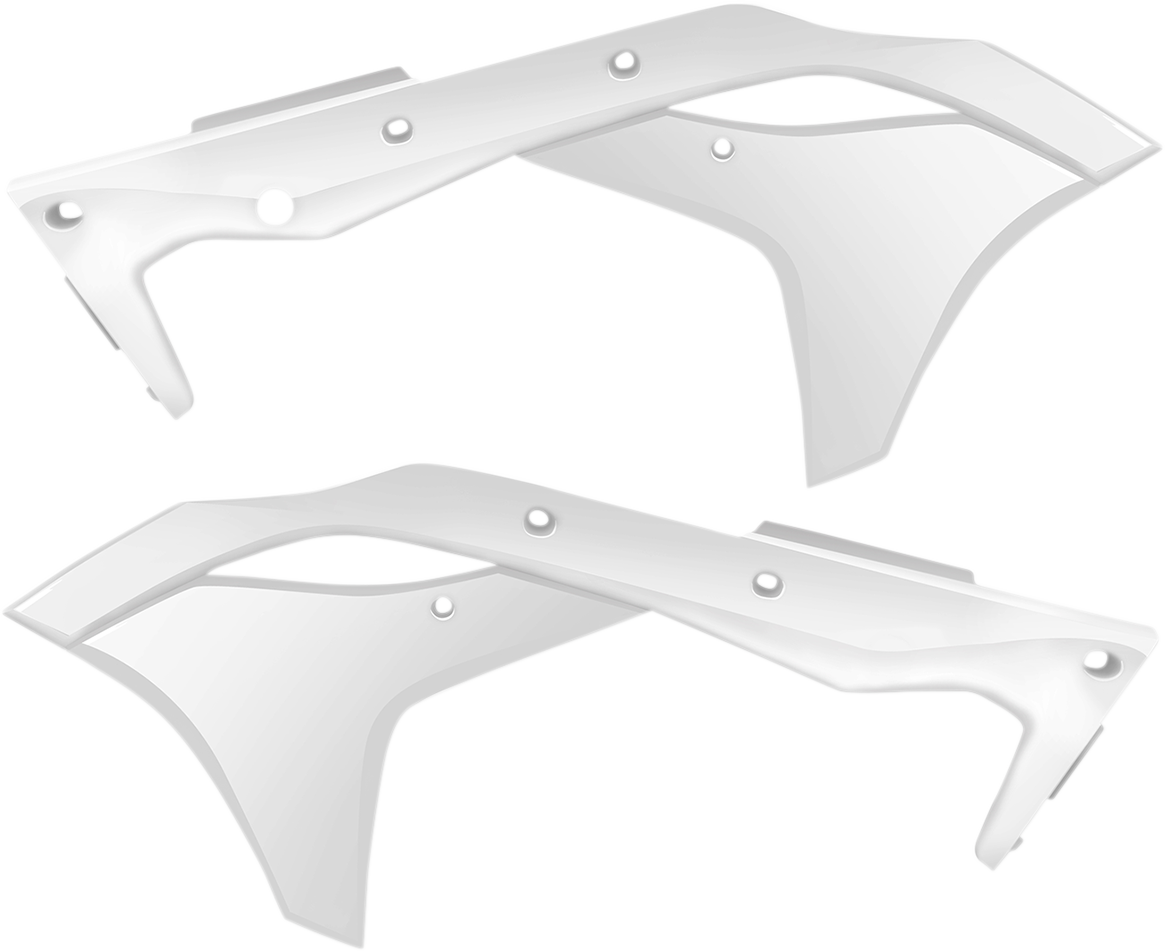 White Acerbis radiator shrouds for motorcycle body protection, designed for durability and airflow.