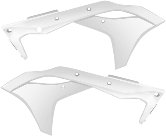 White Acerbis radiator shrouds for motorcycle body protection, designed for durability and airflow.