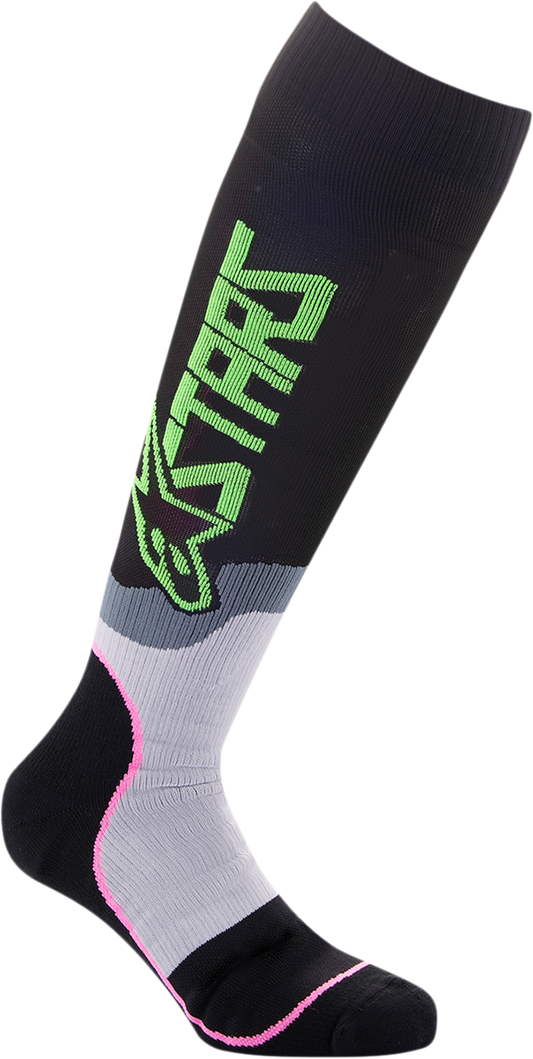 Alpinestars MX Plus-2 protective motorcycle socks in black, green, neon, and pink fluorescent with medium size.
