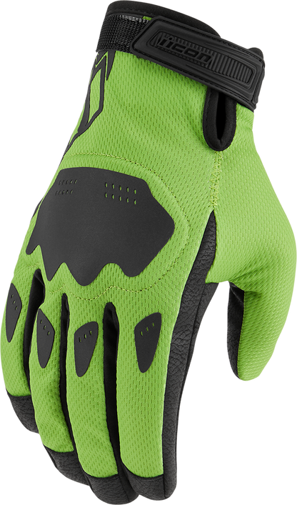 Green ICON Hooligan CE gloves in 2XL size, featuring protective armor and durable construction, designed for motorcycle riding.