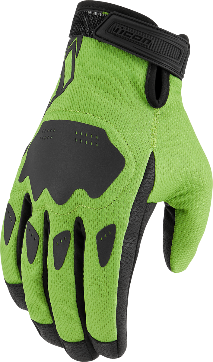 Bill's Exhausts ICON Hooligan CE Gloves in green, medium size, with padded design and secure wrist closure.