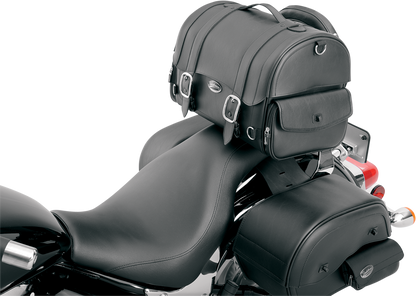 Saddlemen Drifter Express Tail Bag mounted on a motorcycle seat, showcasing Saddlehyde luggage for motorcycle storage.