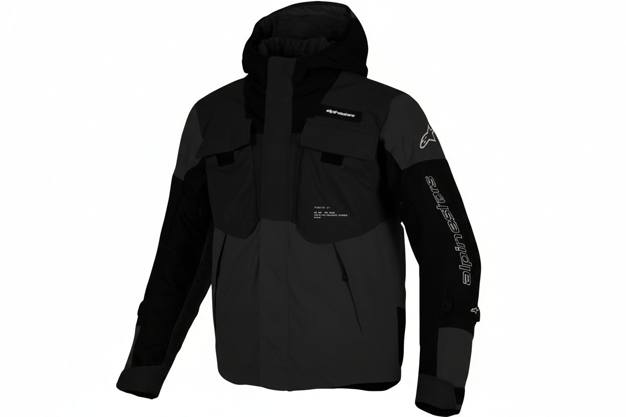 Black Alpinestars waterproof jacket in size small, featuring a sleek design and visible branding, suitable for outdoor activities.
