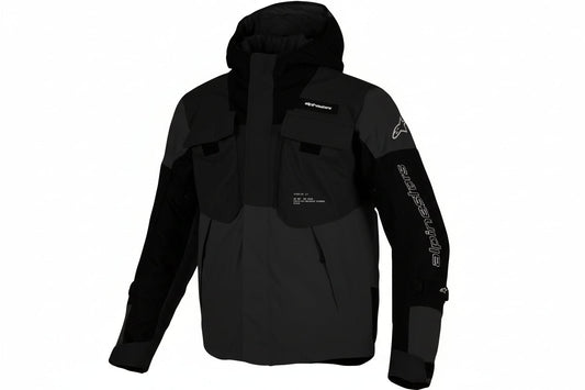 Black Alpinestars waterproof jacket in size small, featuring a sleek design and visible branding, suitable for outdoor activities.