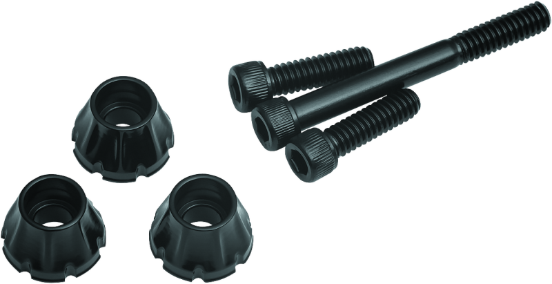 Kuryakyn windshield screws for Harley Davidson FLH models in black and chrome finishes, shown installed on motorcycle windshield.