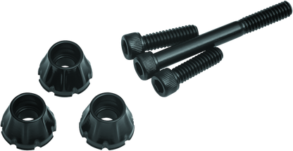 Kuryakyn windshield screws for Harley Davidson FLH models in black and chrome finishes, shown installed on motorcycle windshield.