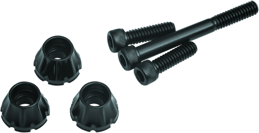 Kuryakyn windshield screws for Harley Davidson FLH models in black and chrome finishes, shown installed on motorcycle windshield.