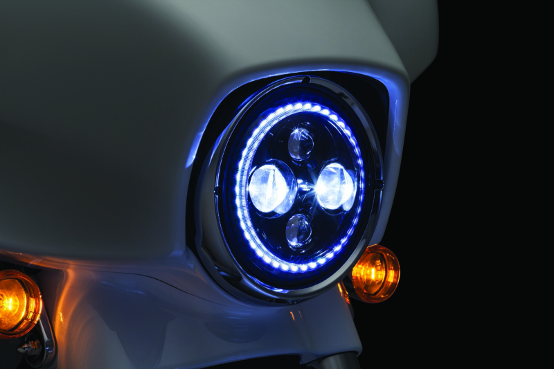 Kuryakyn Orbit Vision 7-inch LED headlight for Harley Davidson Touring models with bright, energy-efficient illumination and modern design.