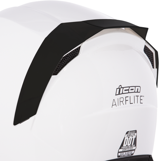 Bill's Exhausts ICON Airflite™ rear spoiler in rubatone black attached to helmet, showing sleek aerodynamic design and mounting details.