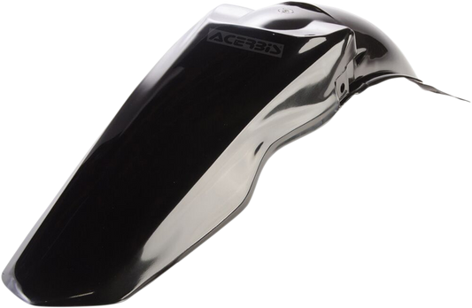 A black Acerbis rear fender for motorcycles, designed for durability and style, shown in a close-up view.