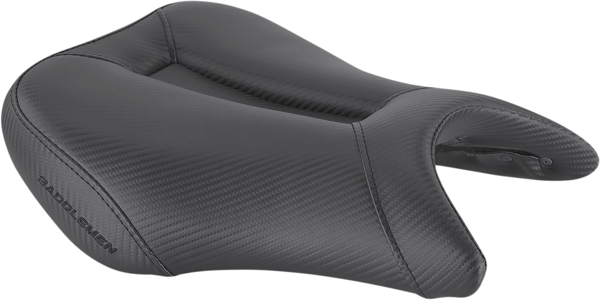 Black SADDLEMEN Gel Channel Track Carbon Fiber Sport Seat for GSX-S 750 motorcycle by Bill's Exhausts, featuring sleek carbon fiber design.
