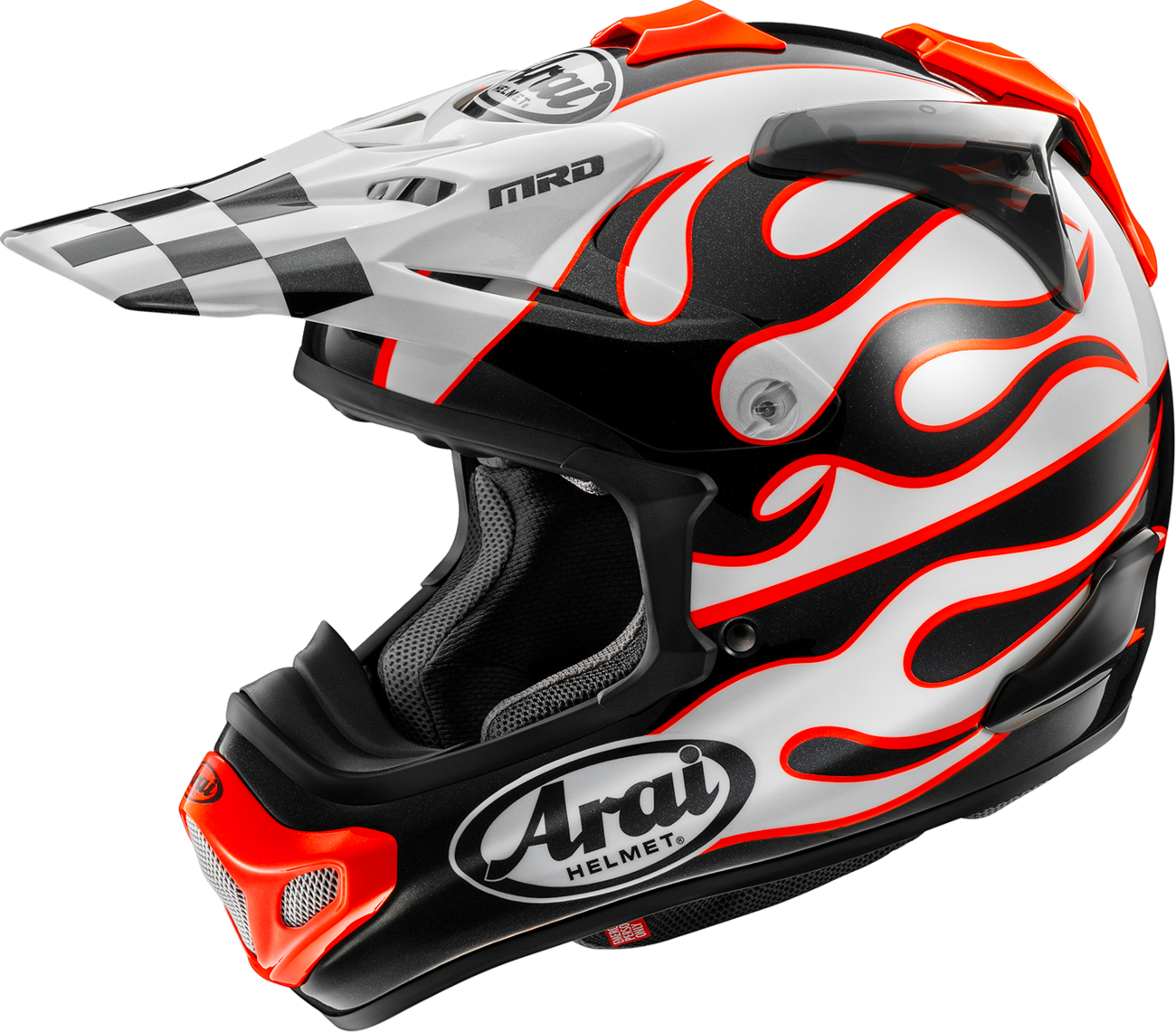 Arai VX-Pro4 Flame White XL off-road motorcycle helmet with enhanced safety features and aerodynamic design.