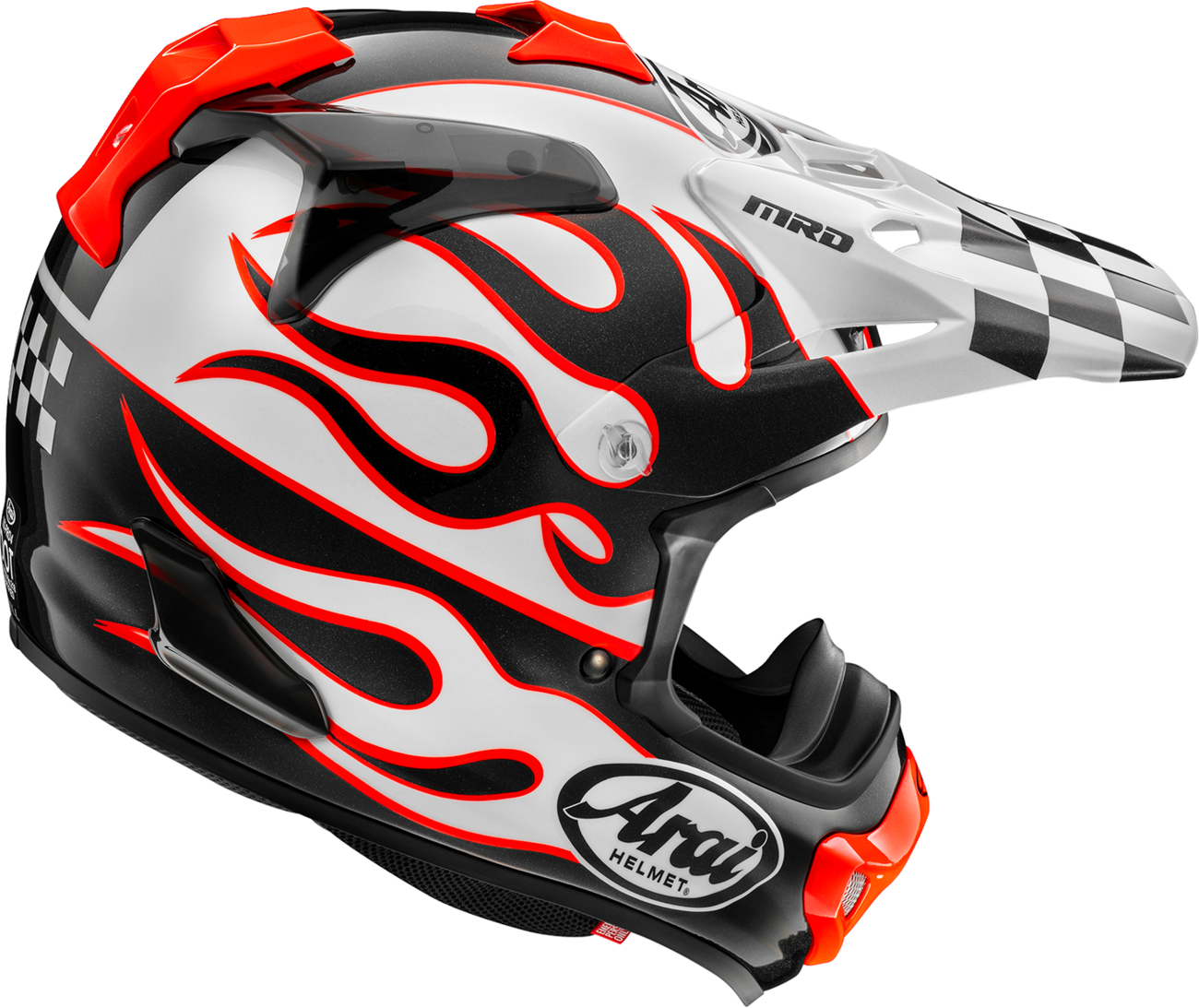 Arai Helmets VX-Pro4 Flame White off-road motorcycle helmet with enhanced safety features, shown in XL size with flame design.