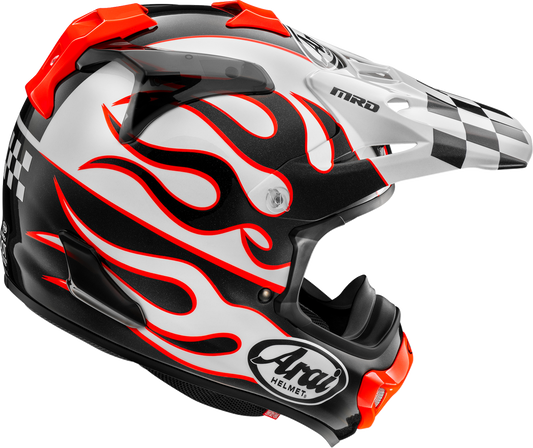 Arai VX-Pro4 Flame White motorcycle helmet with XS size and bold flame design, featuring aerodynamic vents and clear visor.