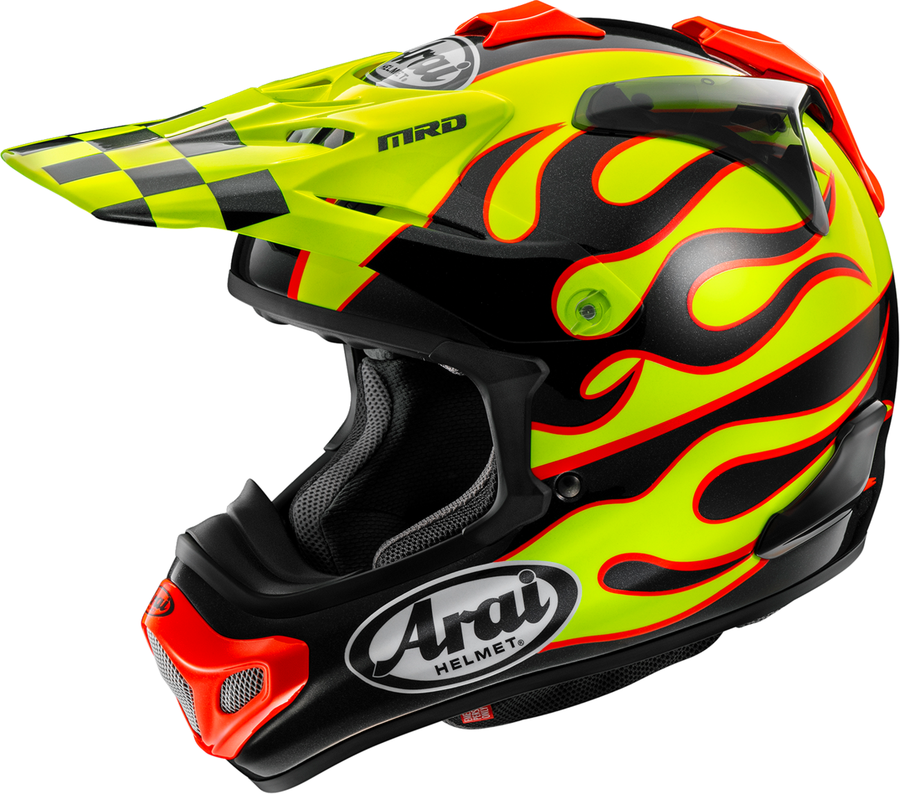 Arai VX-Pro4 Flame Yellow motorcycle helmet with XS size, featuring advanced safety and comfort design, shown from the front.