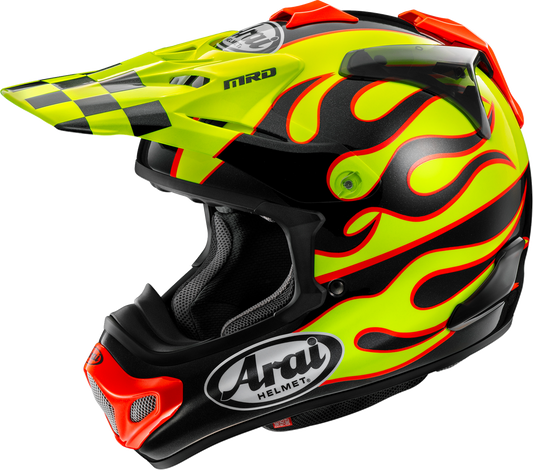 Arai VX-Pro4 Flame Yellow motorcycle helmet with XS size, featuring advanced safety and comfort design, shown from the front.