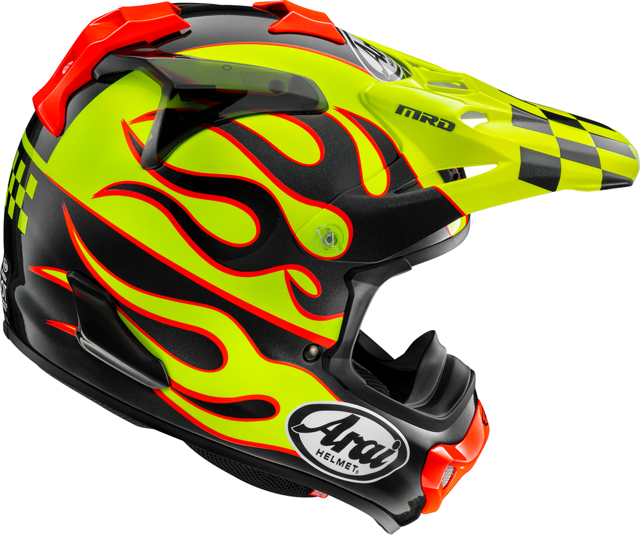 Arai VX-Pro4 Flame Yellow motorcycle helmet with advanced safety features and XS size, designed for comfort and protection.
