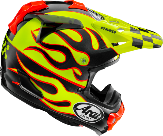 Arai VX-Pro4 Flame Yellow motorcycle helmet with advanced safety features and XS size, designed for comfort and protection.