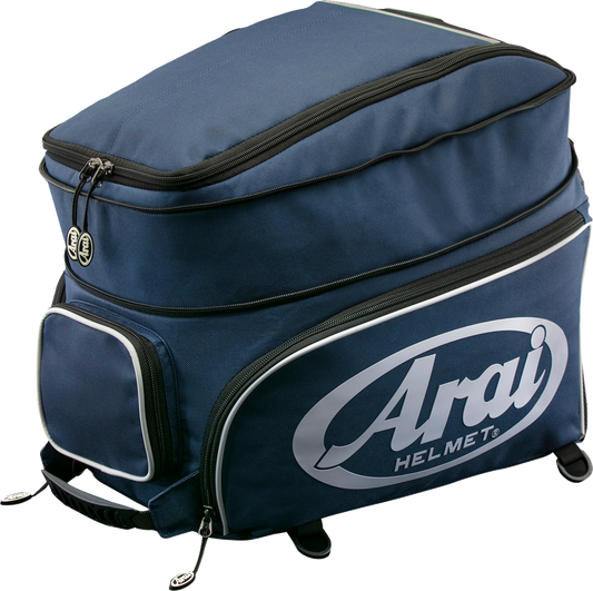 Blue ARAI HELMETS helmet bag for large helmets, protective gear storage with adjustable straps and durable material.
