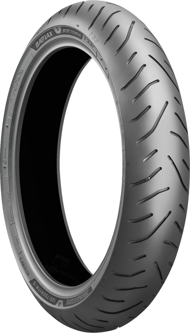 BRIDGESTONE T33 front motorcycle tire 120/70R19 with 60V speed rating, showing tread pattern and sidewall details.